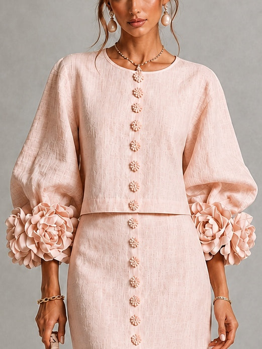 Cecilie | Rosa sæt med top og nederdel med blomsterprint