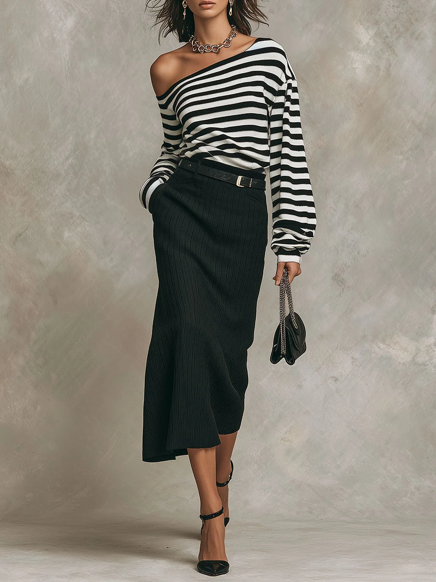 Mille | Sort-hvid sæt med top og nederdel med stribet print med off-shoulder