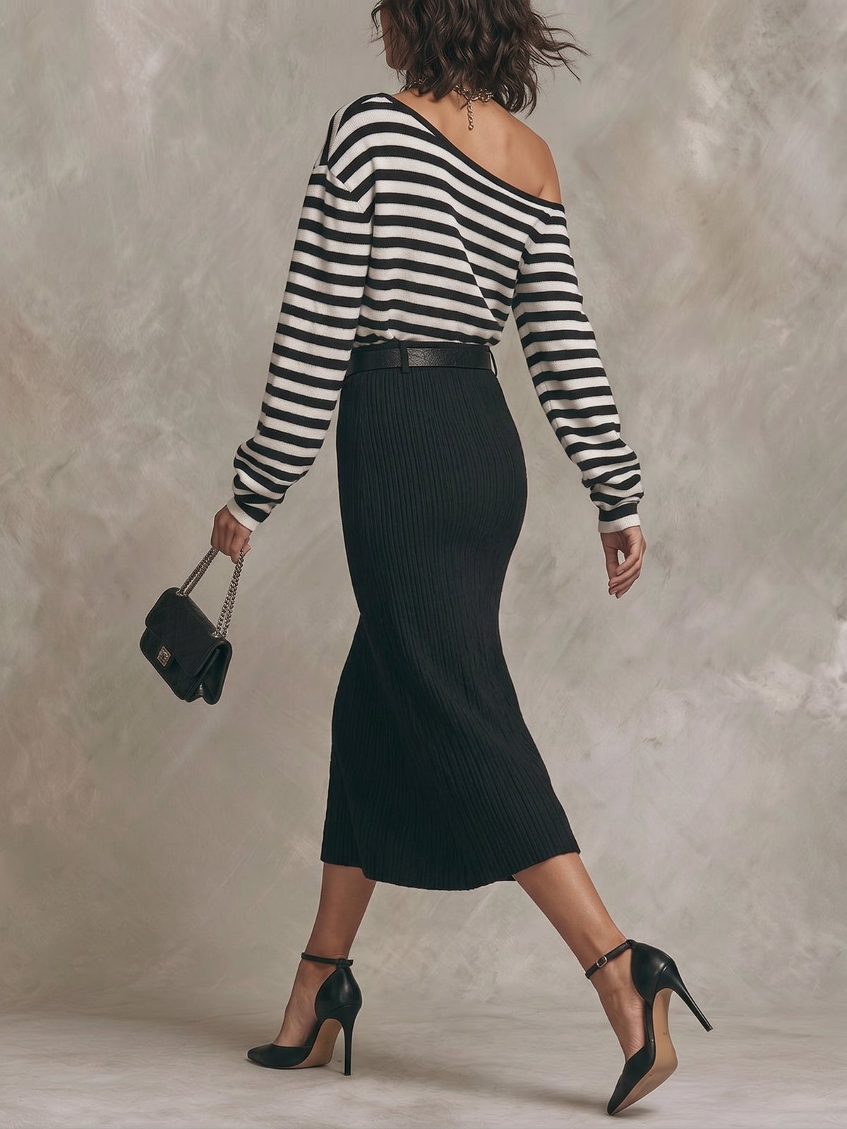 Mille | Sort-hvid sæt med top og nederdel med stribet print med off-shoulder