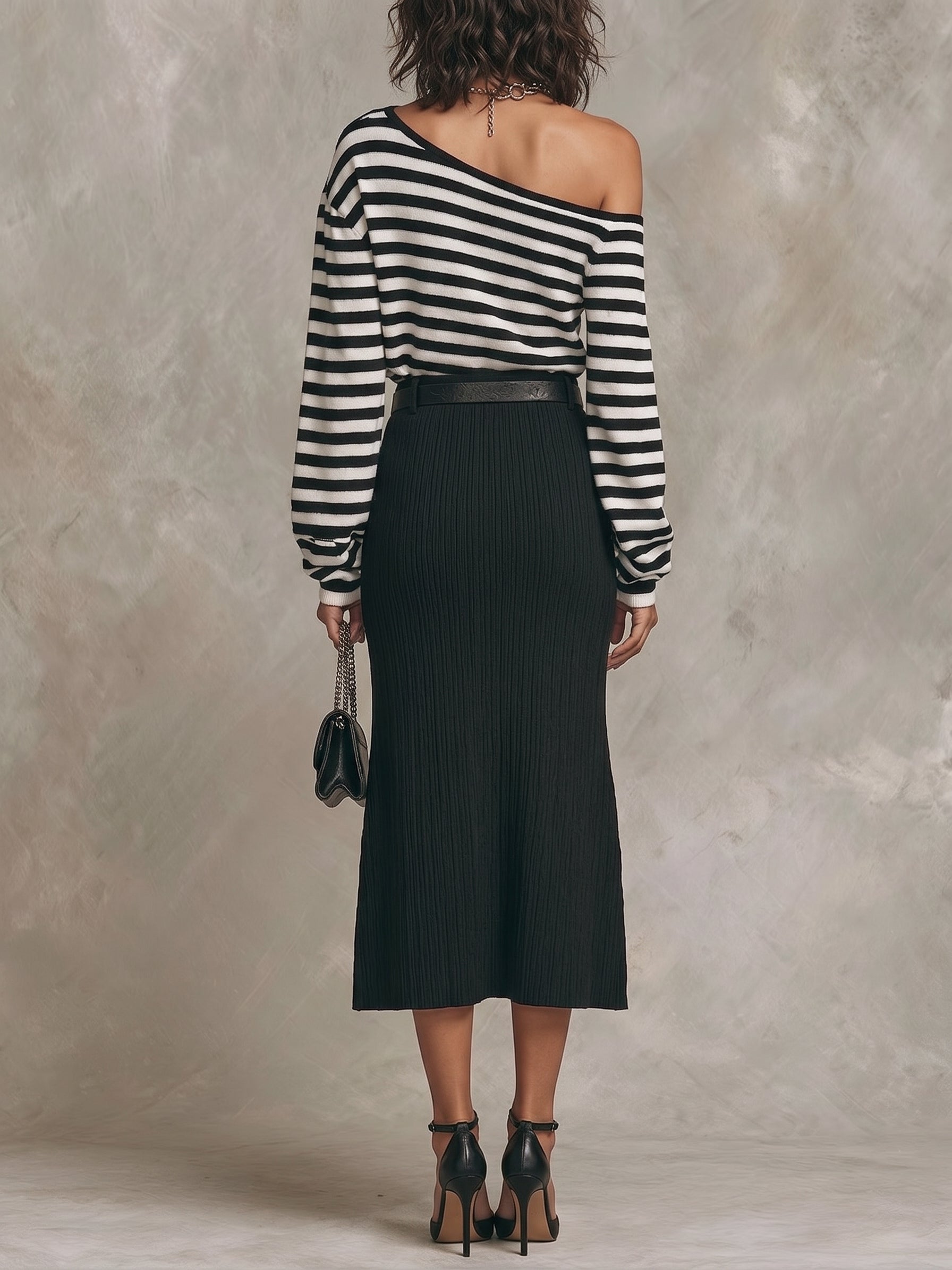 Mille | Sort-hvid sæt med top og nederdel med stribet print med off-shoulder