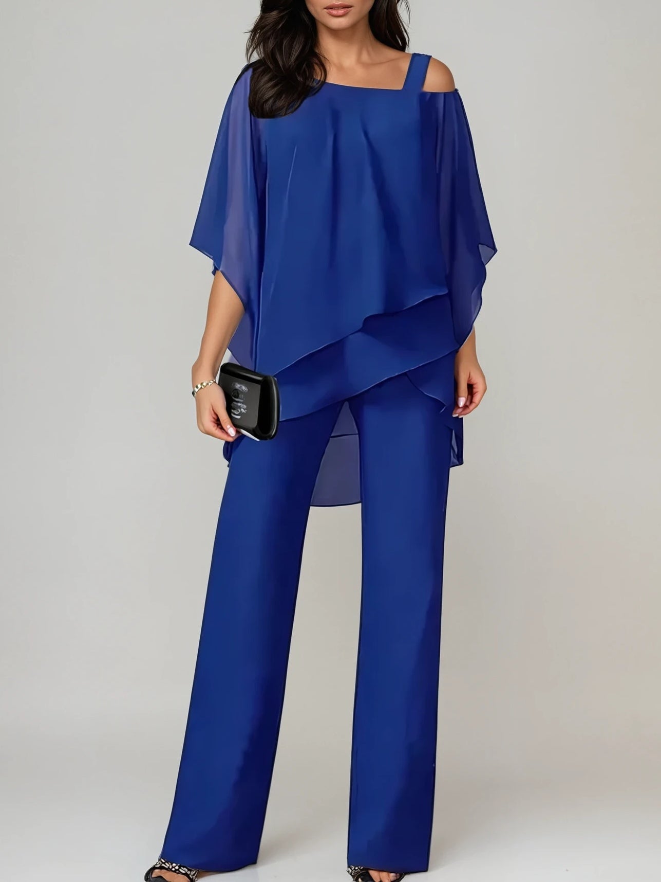 Amalie | Sæt med top og bukser med chiffon med off-shoulder