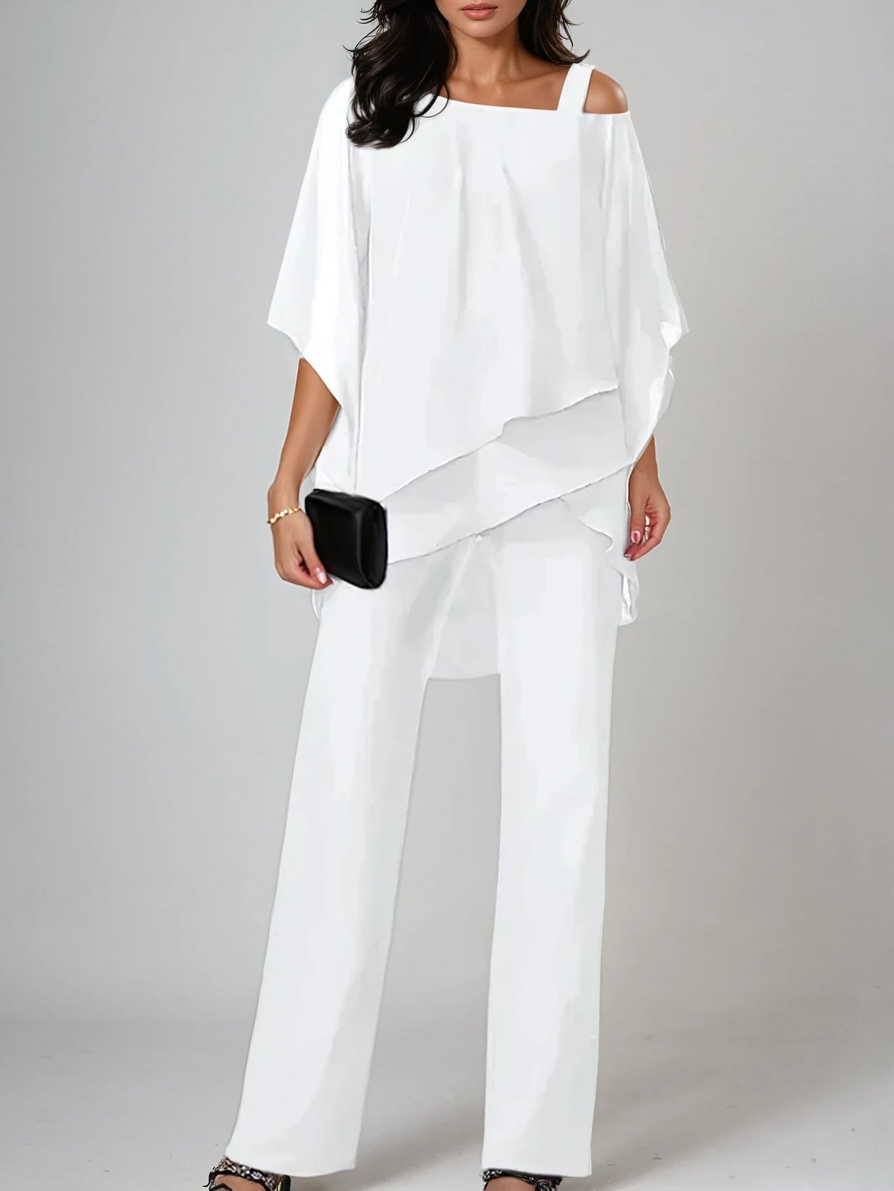 Amalie | Sæt med top og bukser med chiffon med off-shoulder