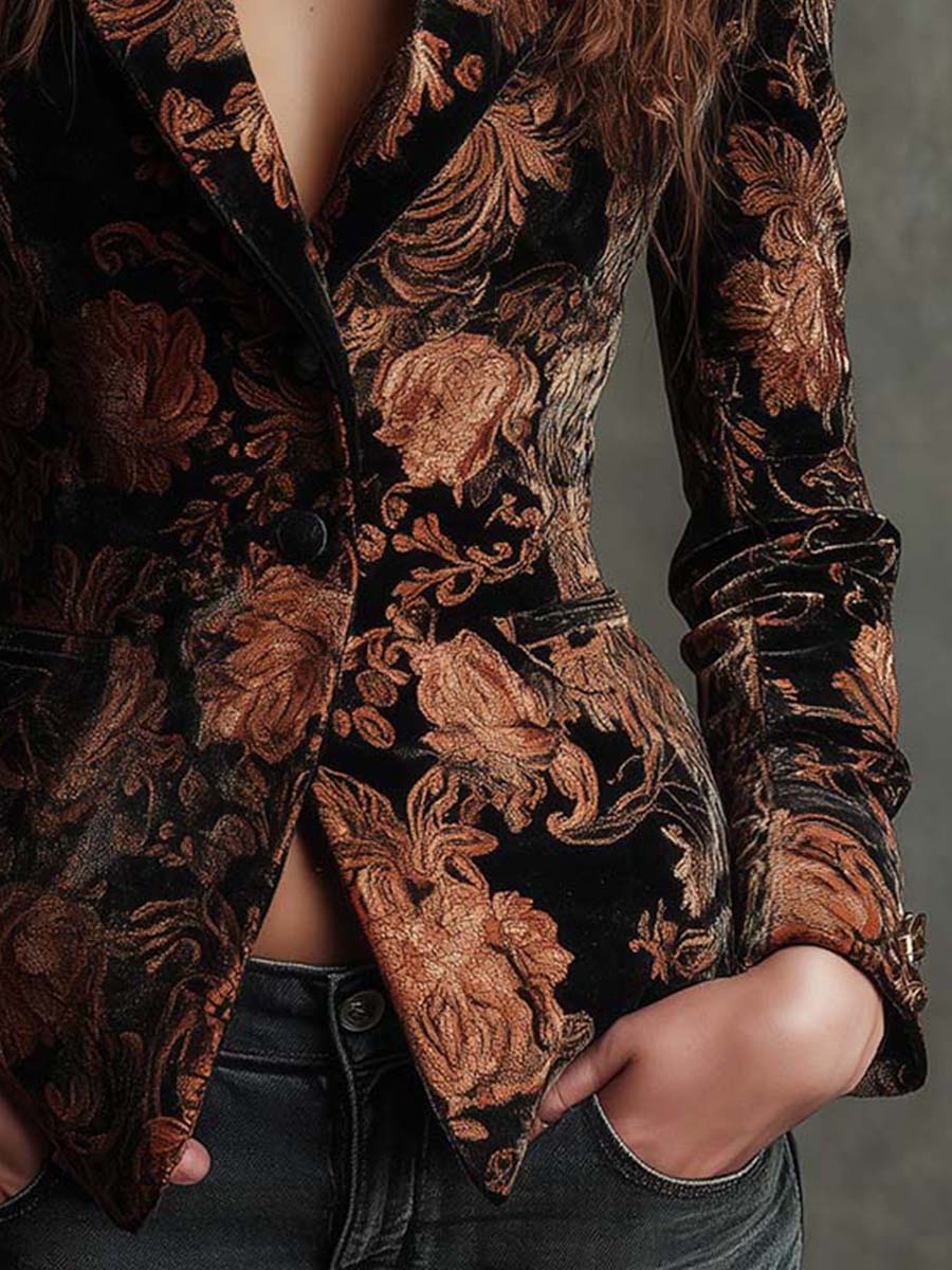 Ingrid | Figursyet blazer i sort og bronze med blomstermønster