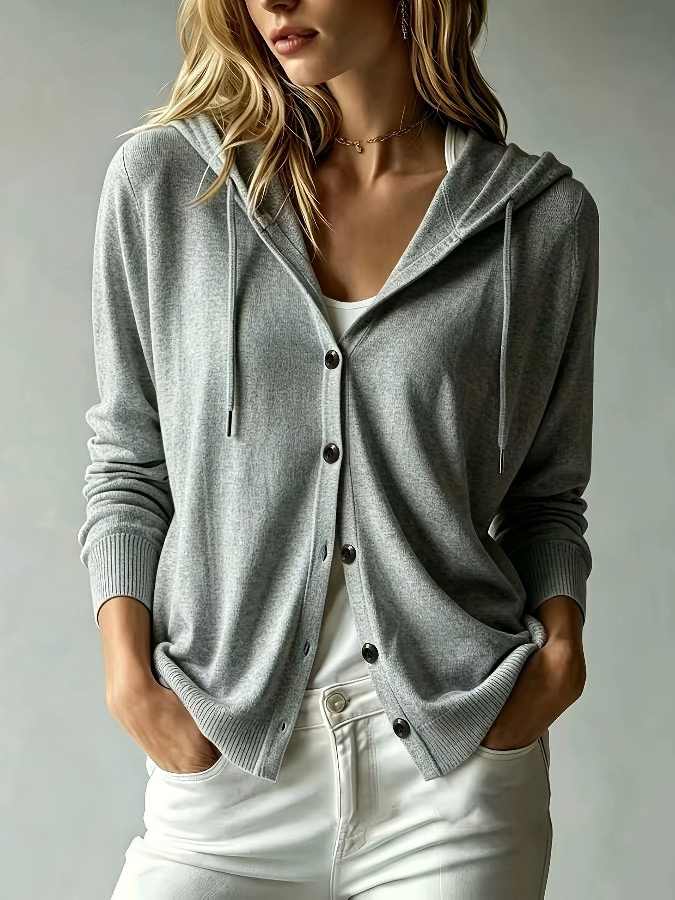 Frida | Grå cardigan med hætte og knapper