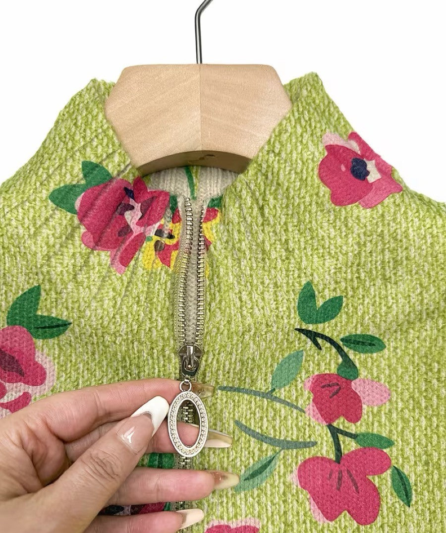 Margot | Limegrøn lynlås-cardigan med blomster