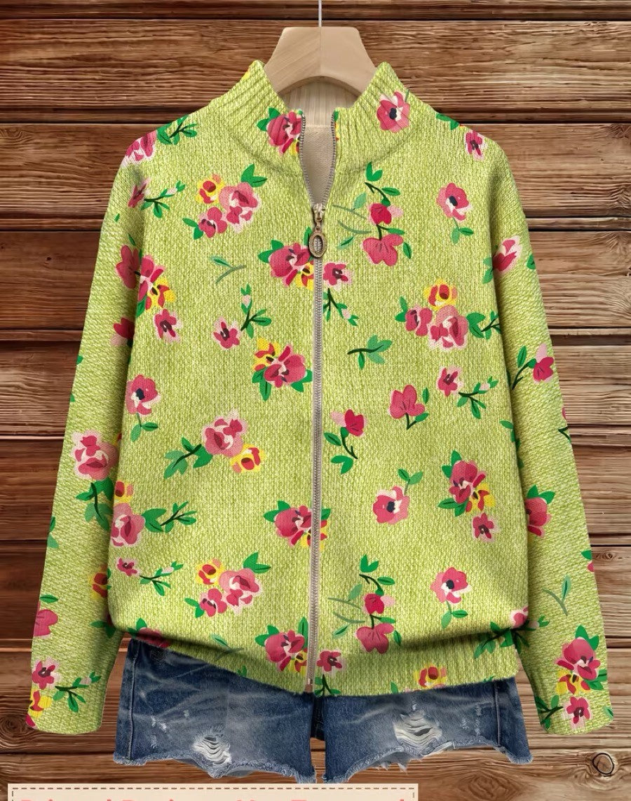 Margot | Limegrøn lynlås-cardigan med blomster