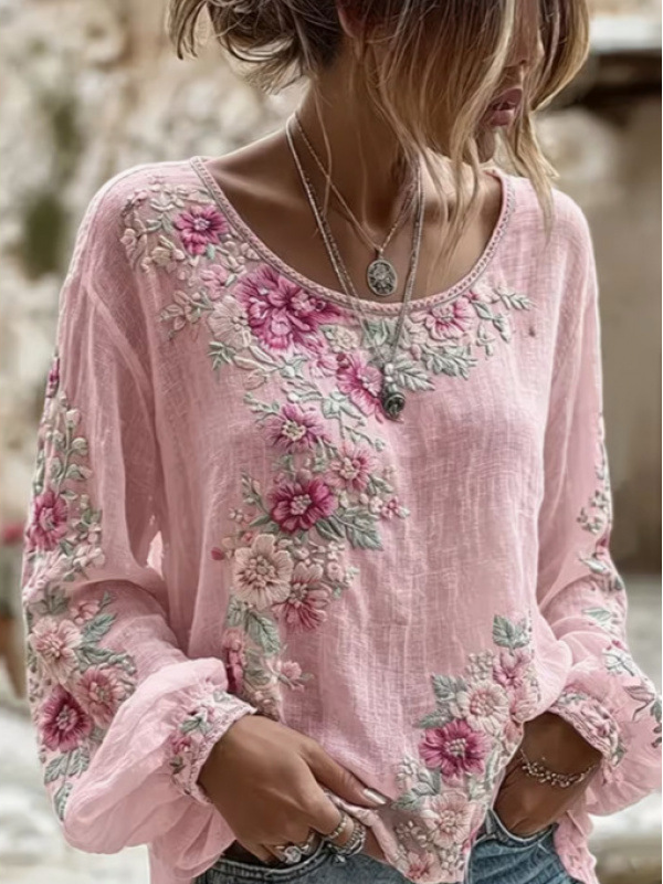 Rosalind | Rosa bluse med pink blomsterbroderi