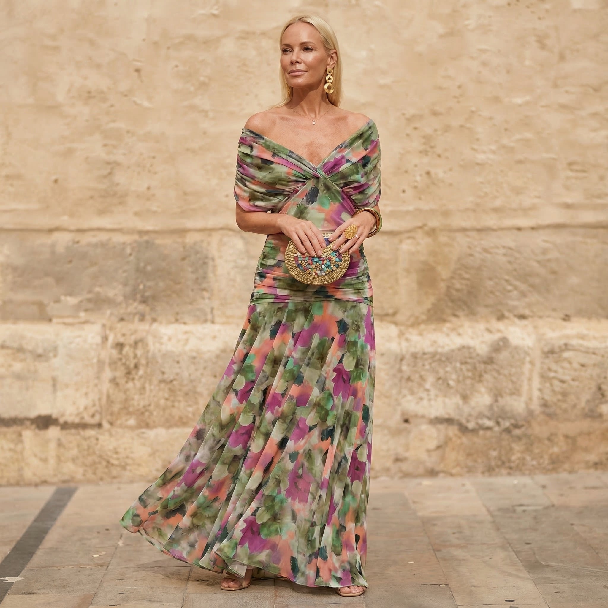 Florendra | Blomstret lang kjole med V-hals