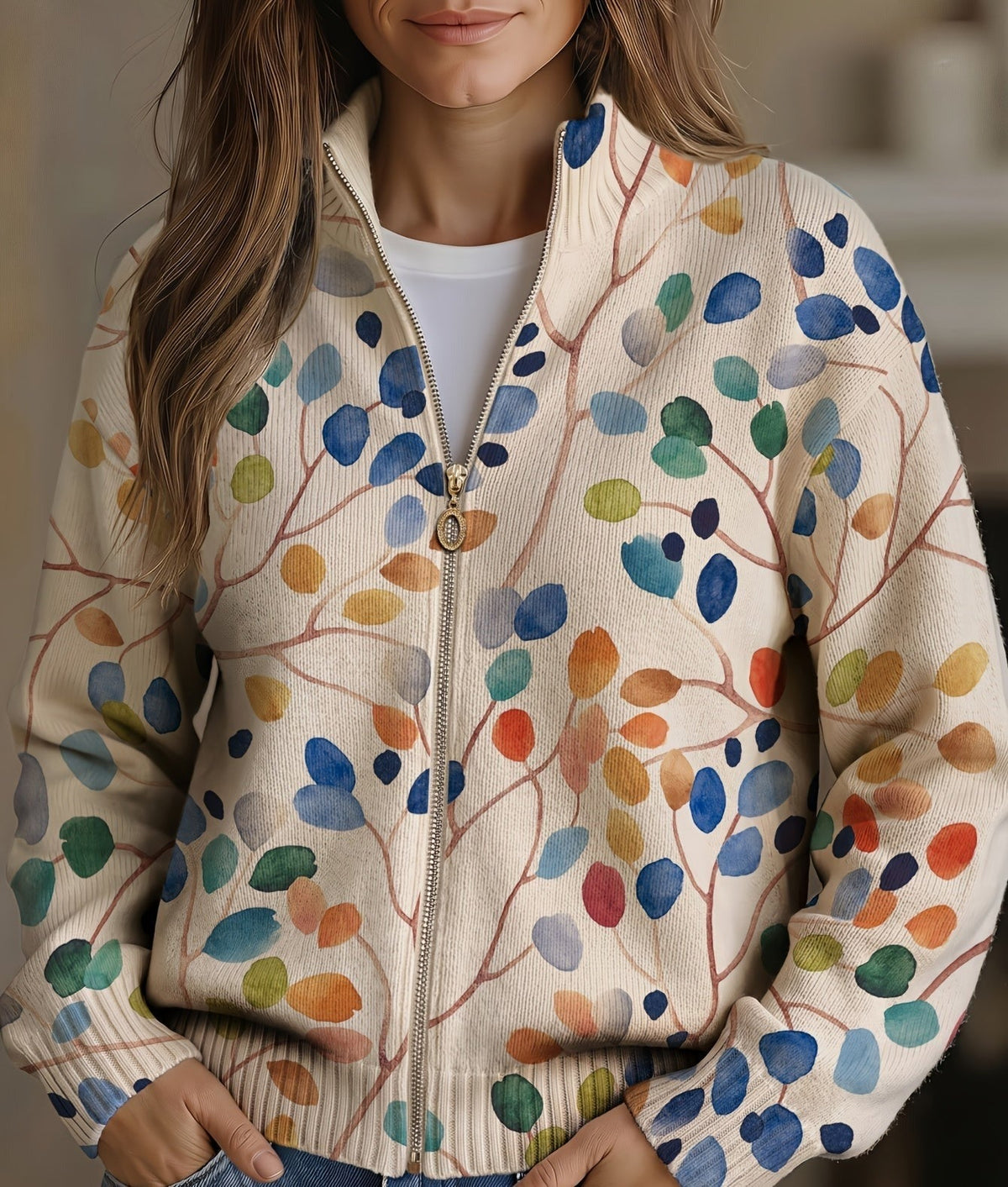 Delphine | Lynlås-cardigan med botanisk bladprint