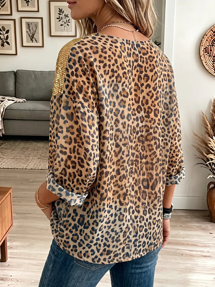 Ida | Chiffonskjorte med leopardprint og pailletpaneler