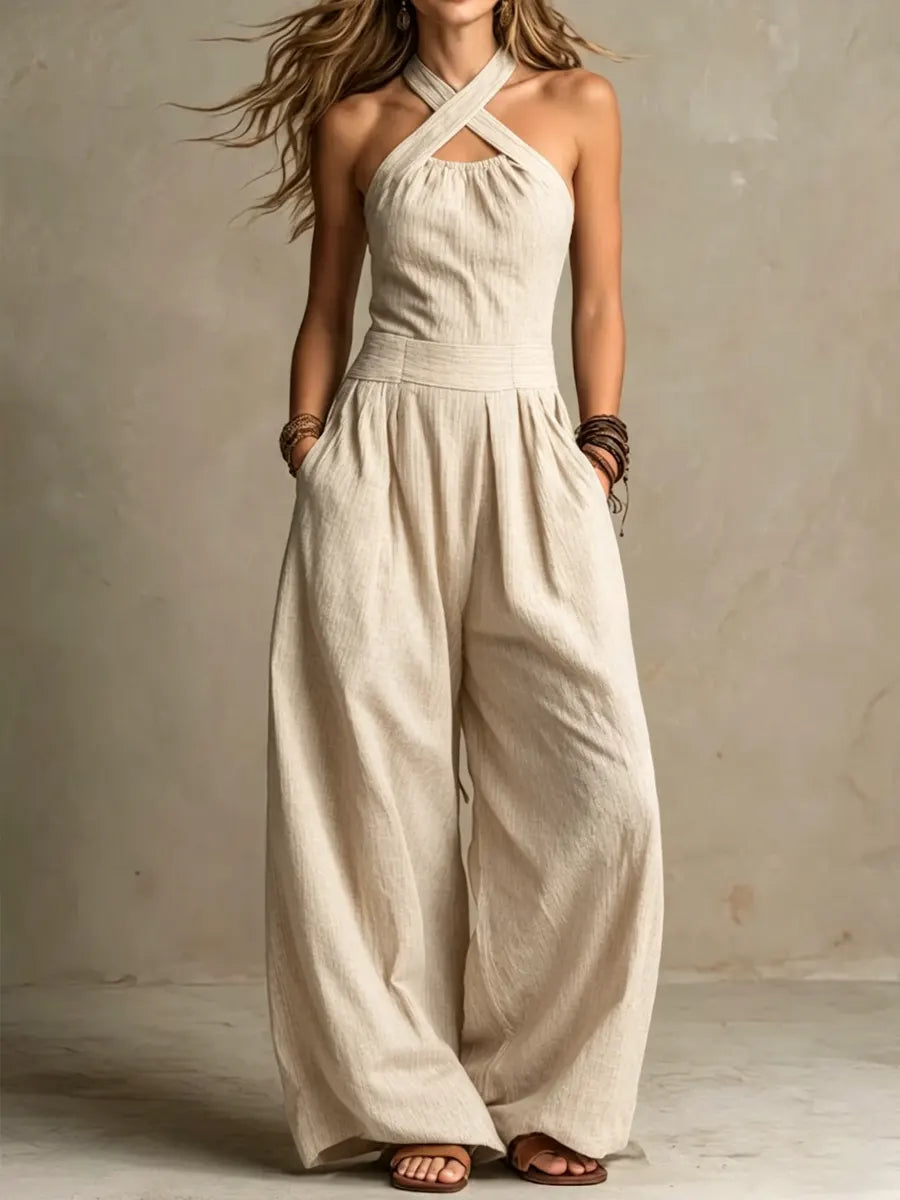 Signe | Jumpsuit med krydset hals og brede ben