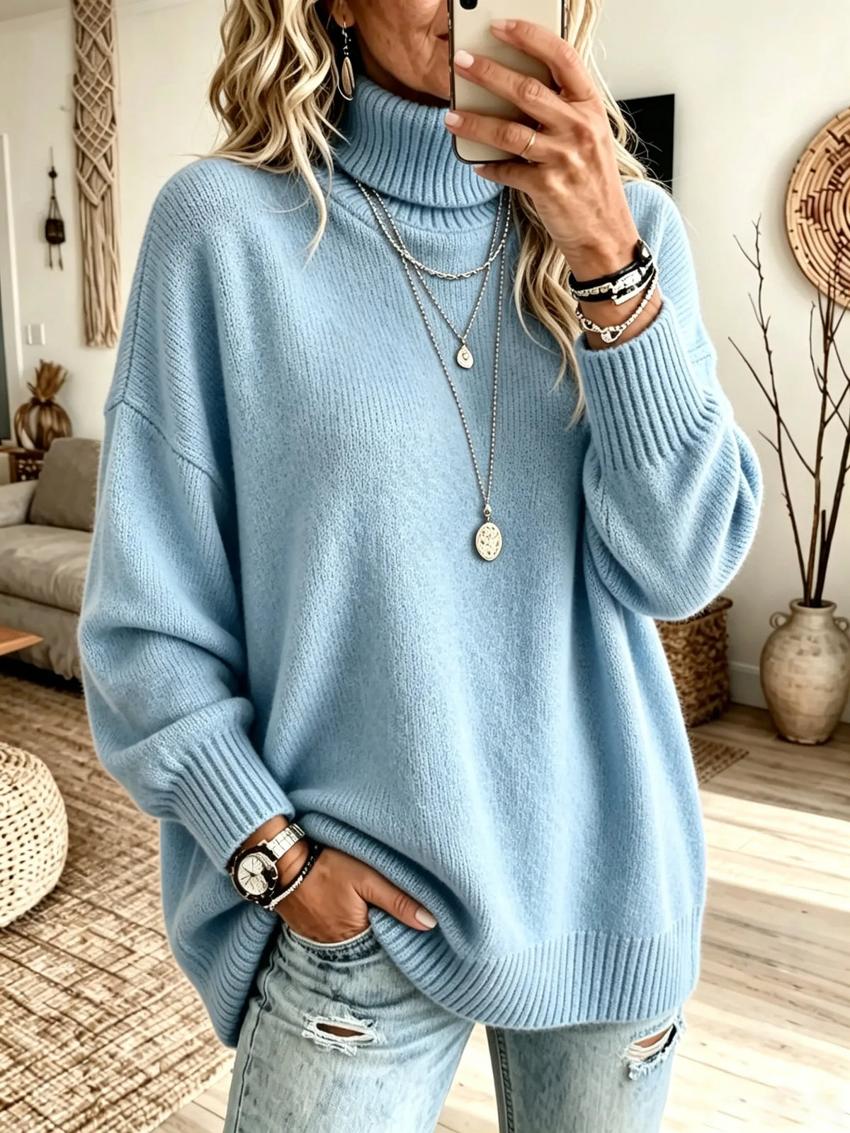 Frida | Oversized ribstrik med rollkrave