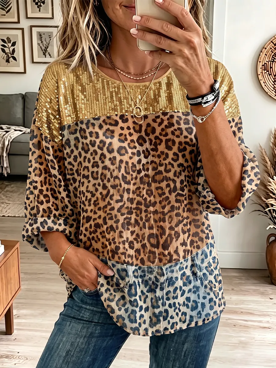 Ida | Chiffonskjorte med leopardprint og pailletpaneler