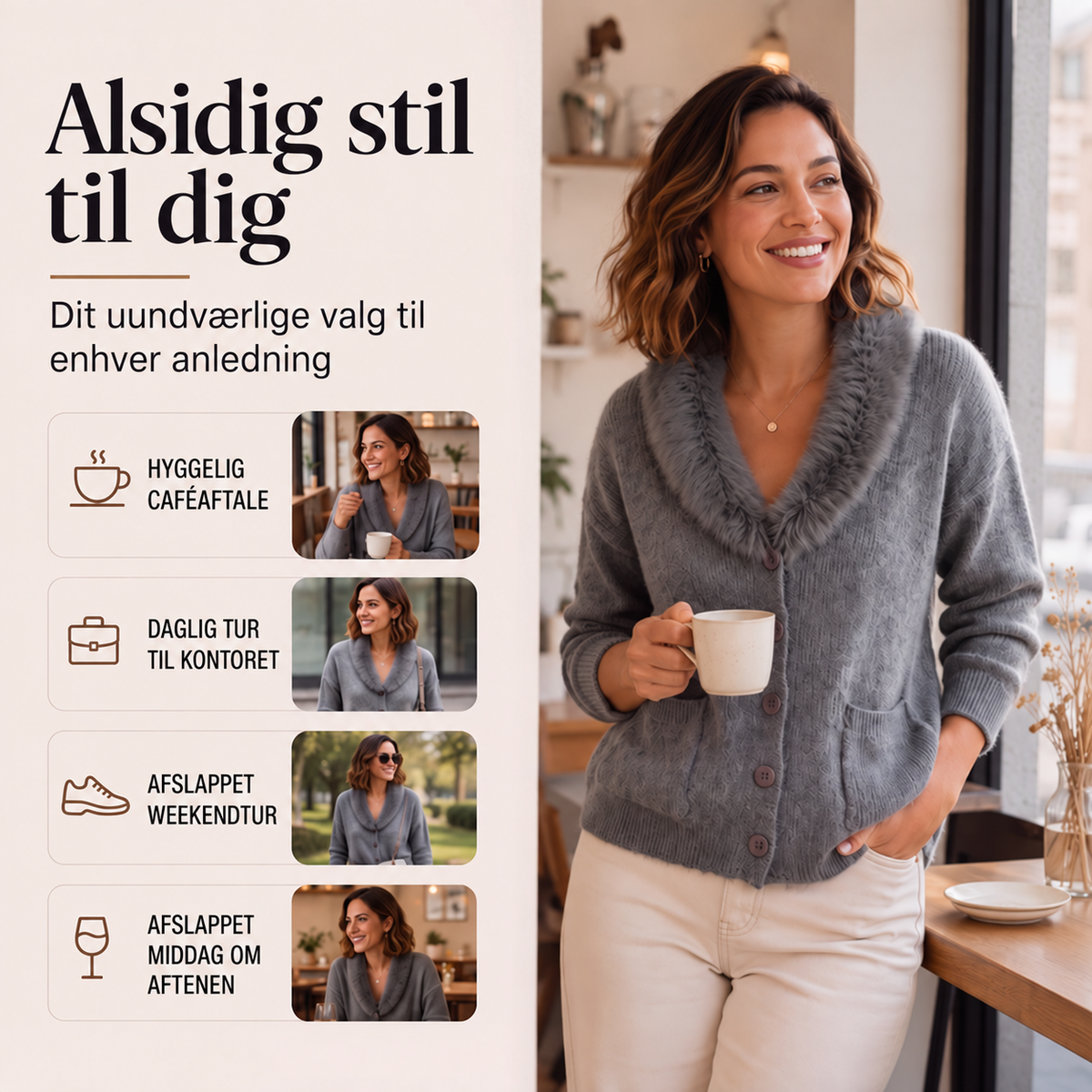 Dansk produktinformation om strikket cardigan med pelskrave