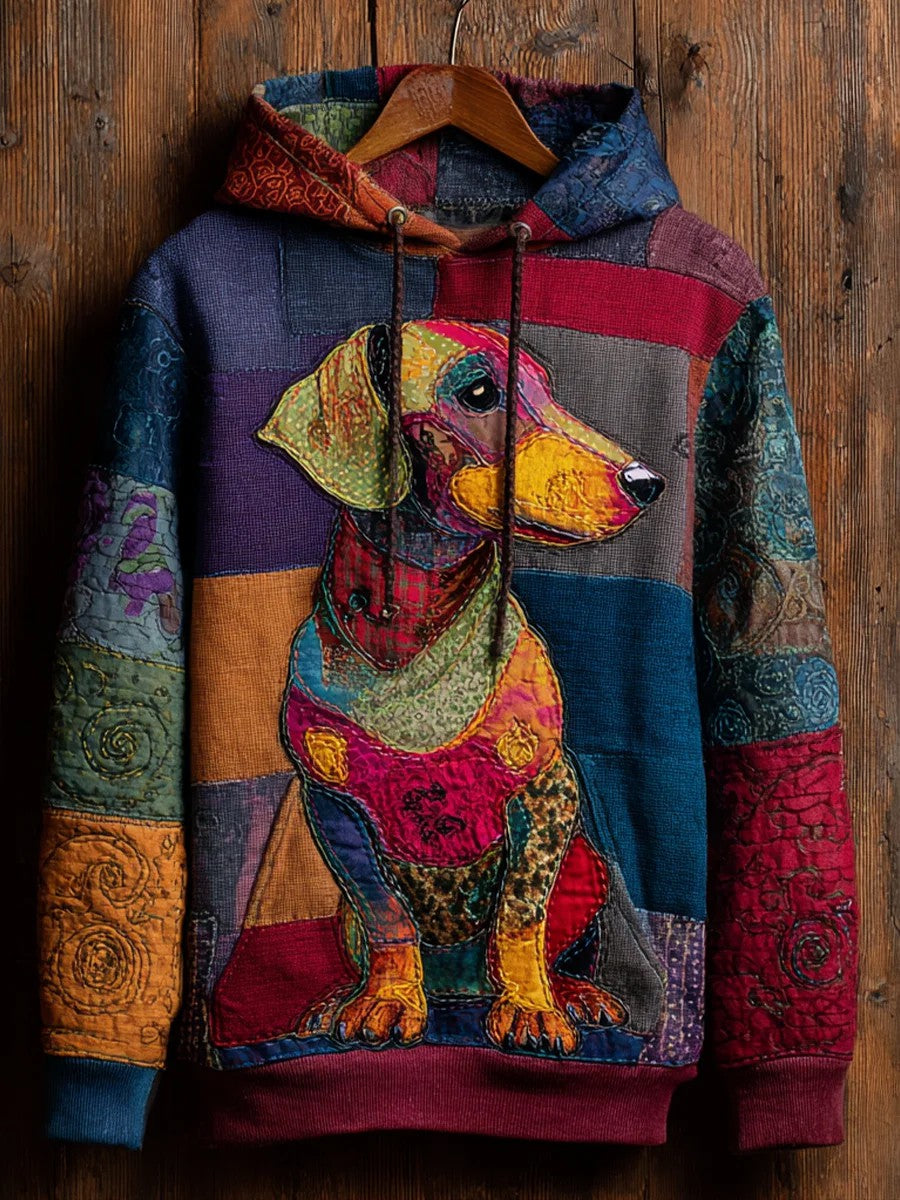 Oline | Hættetrøje med hund med print, patchwork og vintage-look