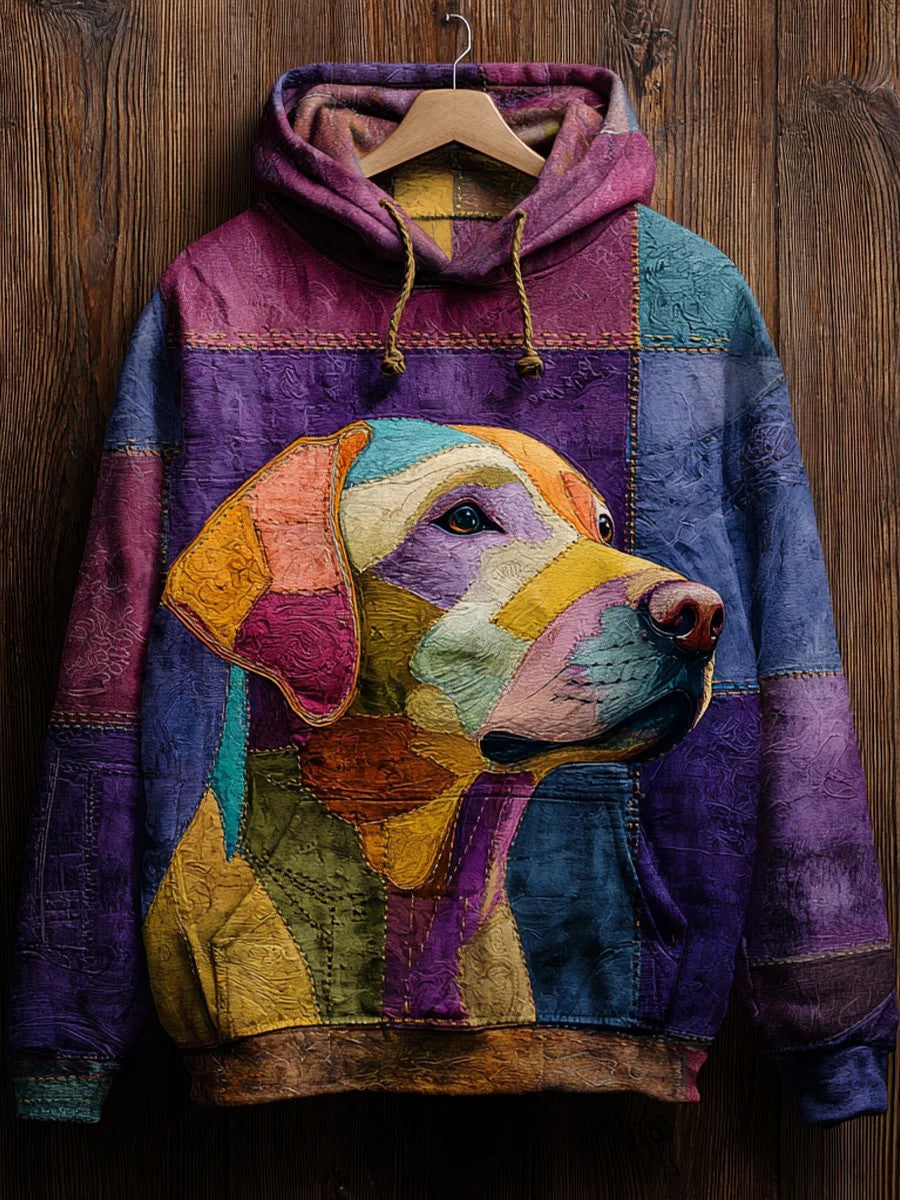 Elvira | Hættetrøje med hund med print, patchwork og vintage-look