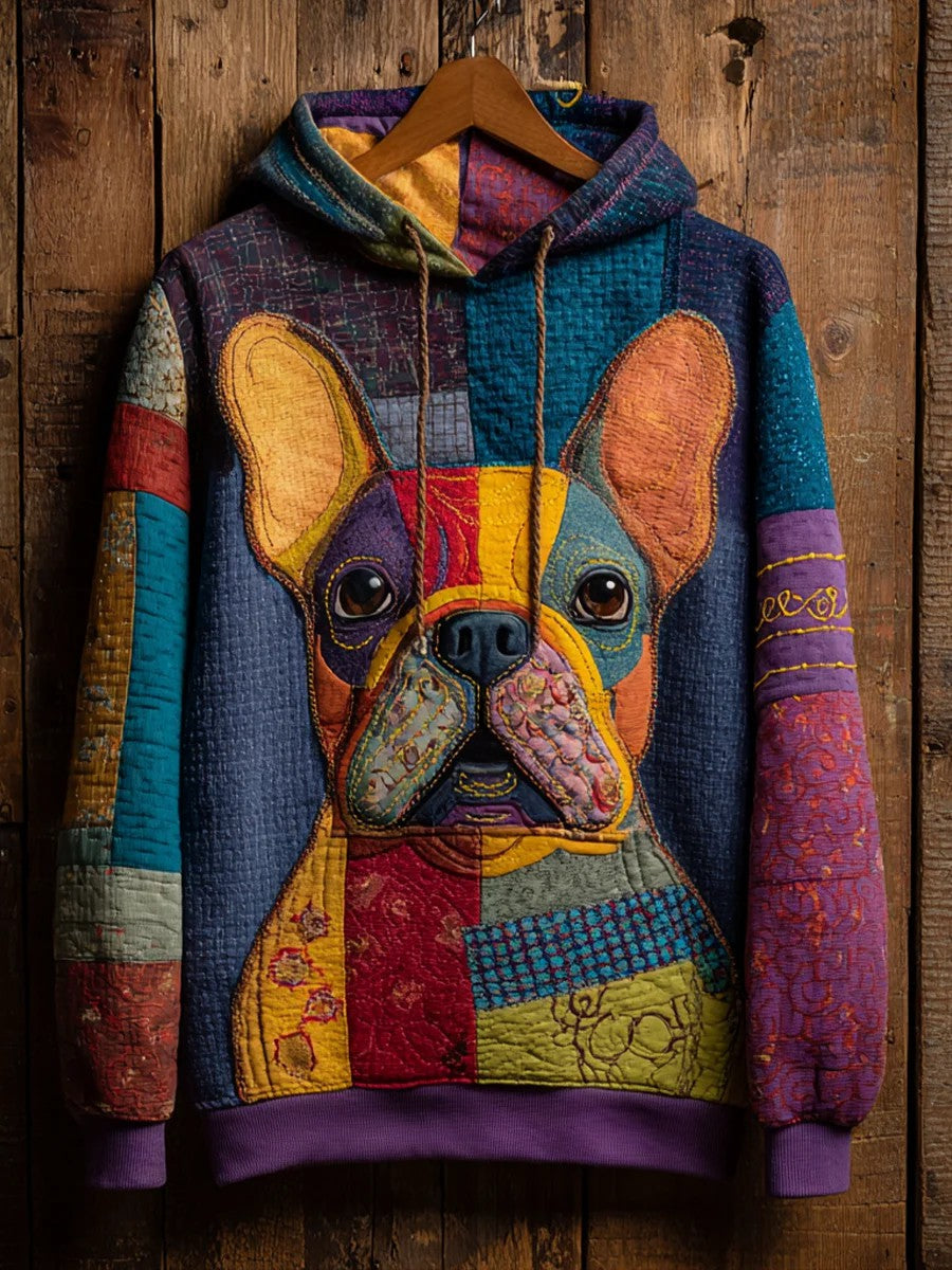 Rebecca | Hættetrøje med hund med print, patchwork og vintage-look