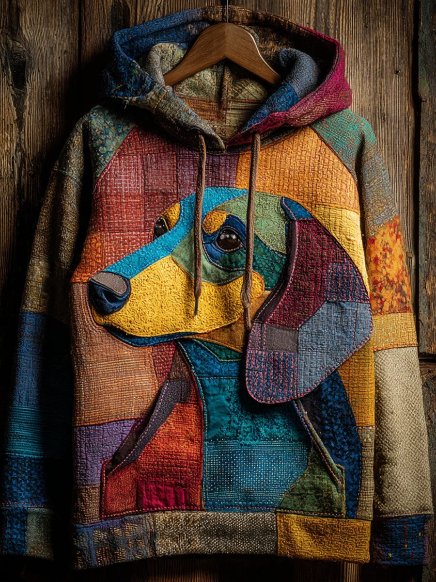 Isabella | Hættetrøje med hund med print, patchwork og vintage-look