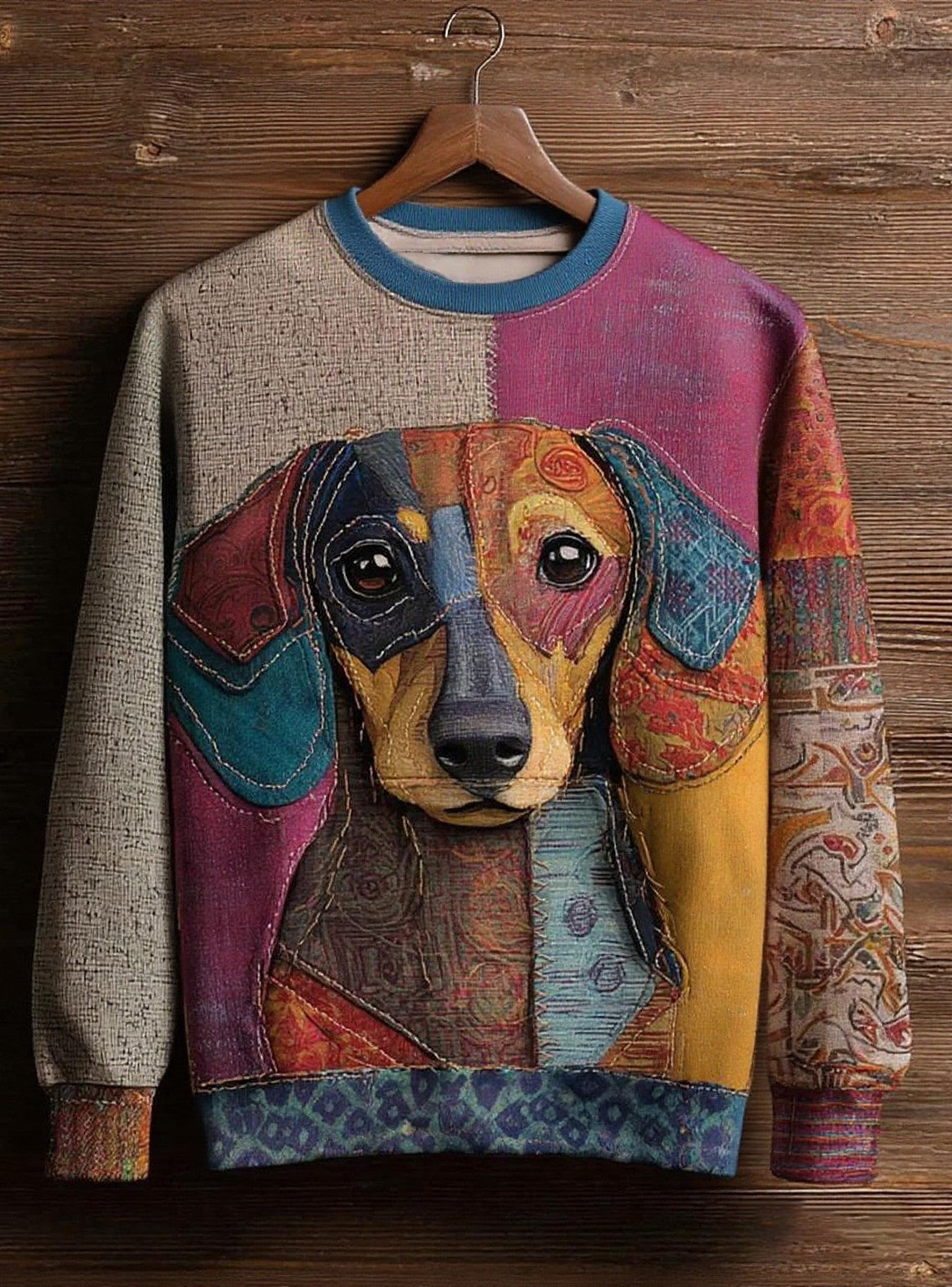 Andrea | Sweatshirt med hund med kunstprint, patchwork og vintage-look