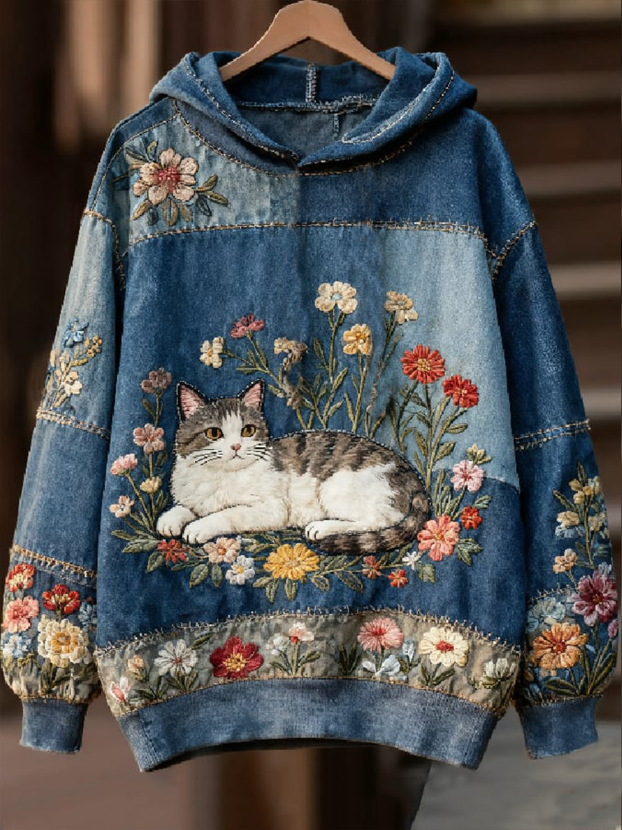 Ronja | Hættetrøje med kat med print og patchwork