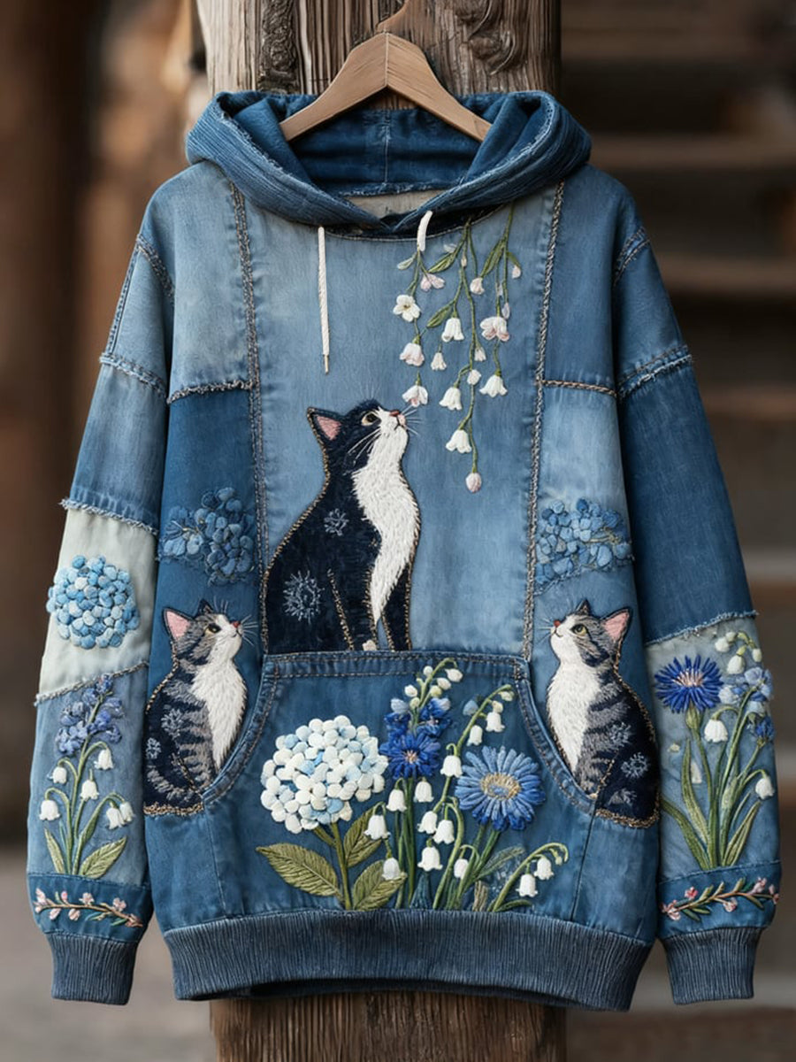 Ditte | Hættetrøje med kat med print og patchwork