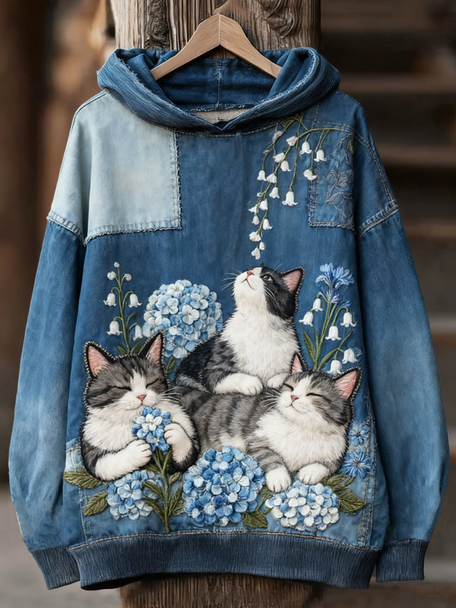 Maj | Hættetrøje med kat med print og patchwork