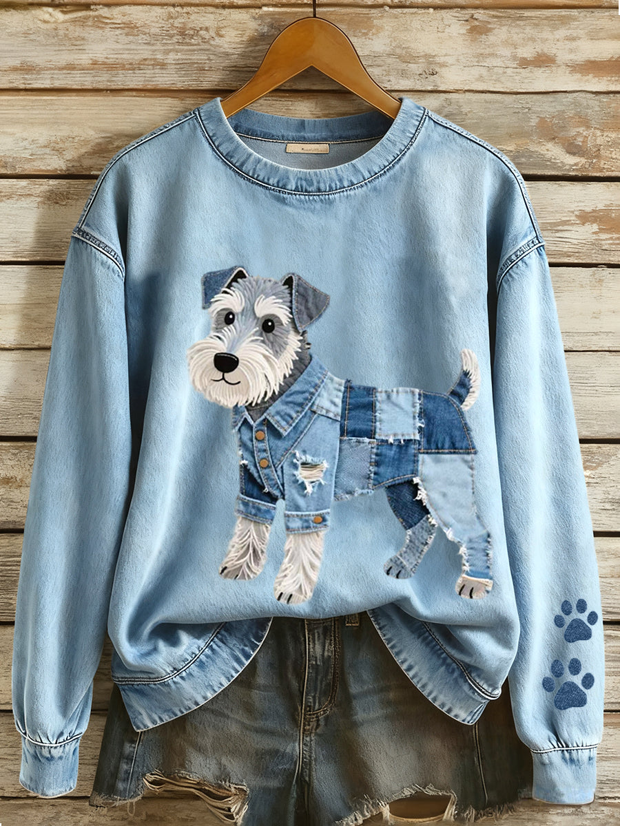 Ella Marie | Sweatshirt med denim patchwork og schnauzermotiv og kunstprint