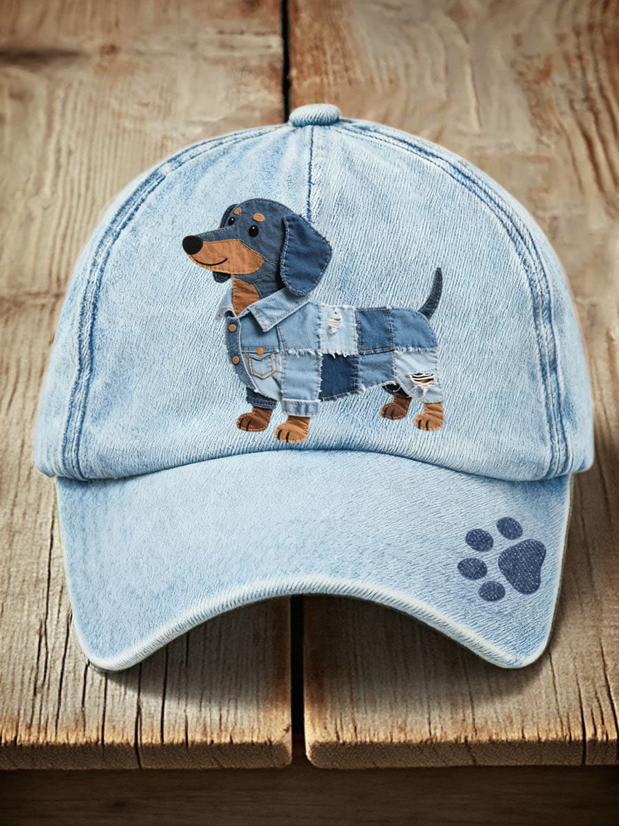 Louise | Denimkasket med denim patchwork og gravhundemotiv