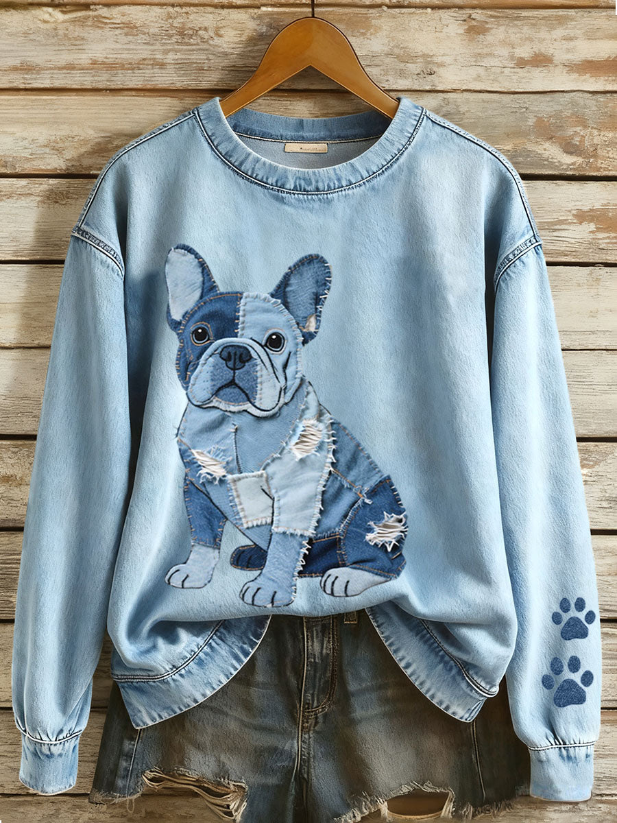 Josefine | Sweatshirt med denim patchwork og bulldogmotiv