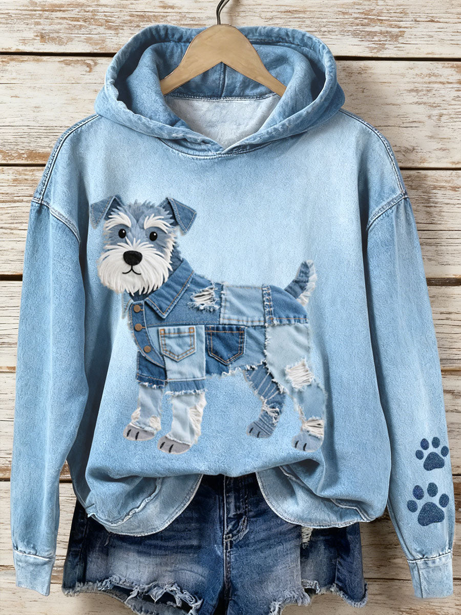 Caroline | Hættetrøje med denim patchwork og schnauzermotiv og kunstprint