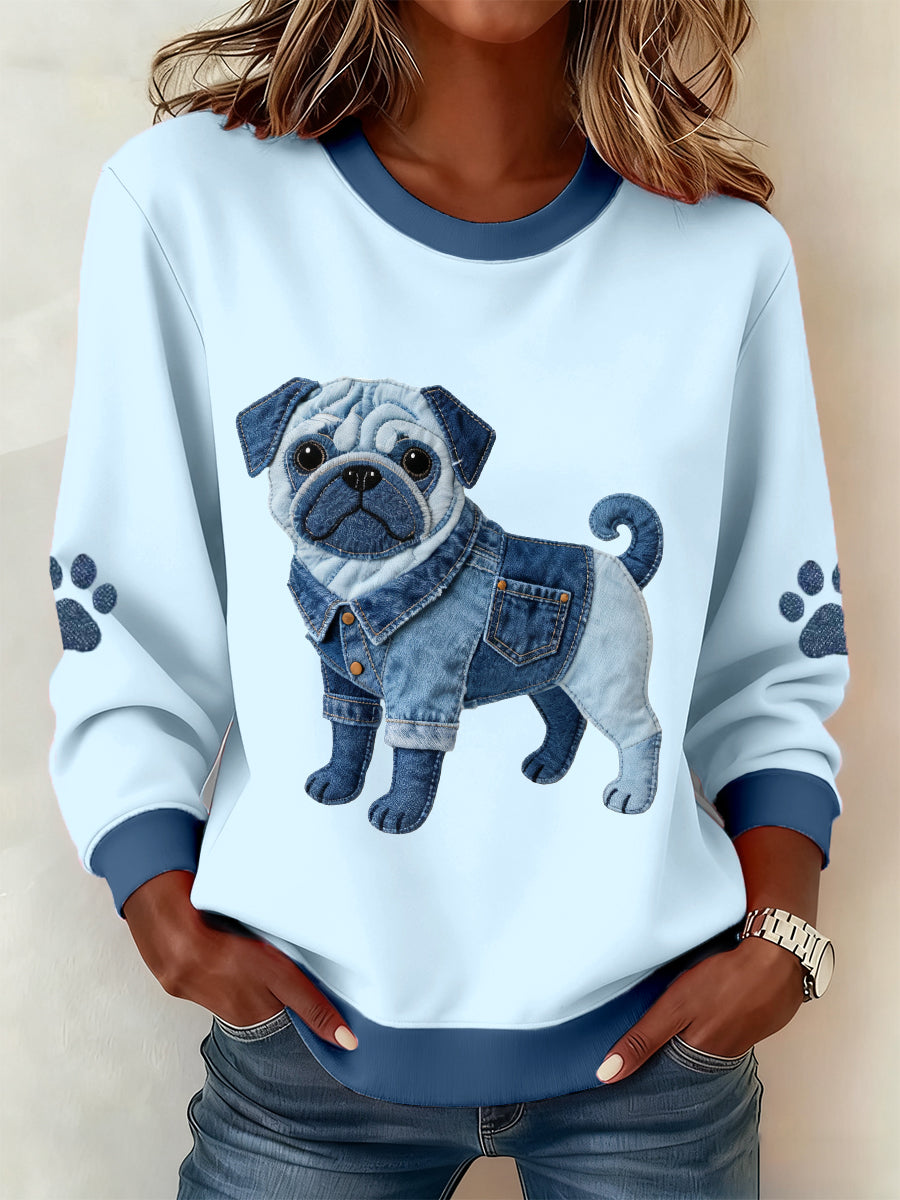 Caroline Sofie | Sweatshirt med denim patchwork og mopsemotiv