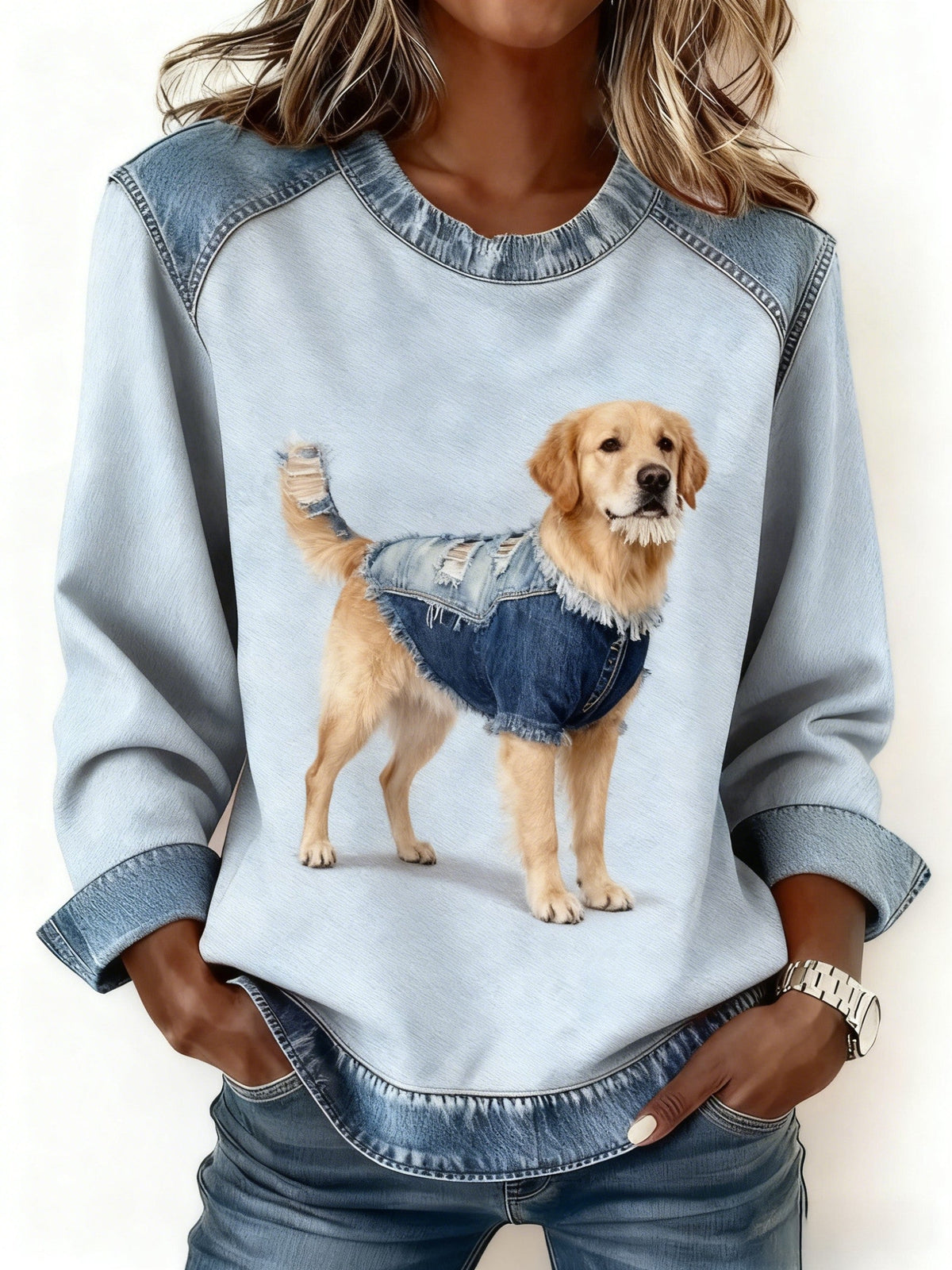 Pil Marie | Overdel med denim patchwork og kunstprint