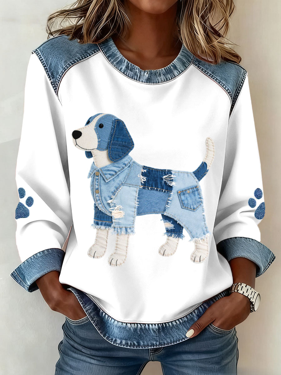 Cecilie Sofie | Sweatshirt med denim patchwork og beaglemotiv