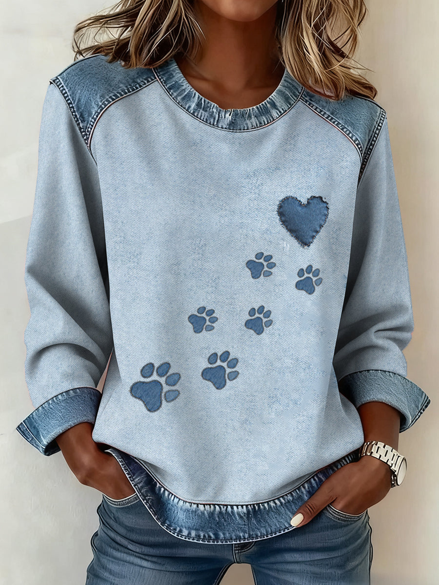 Marie | Sweatshirt med denim patchwork og hundemotiv