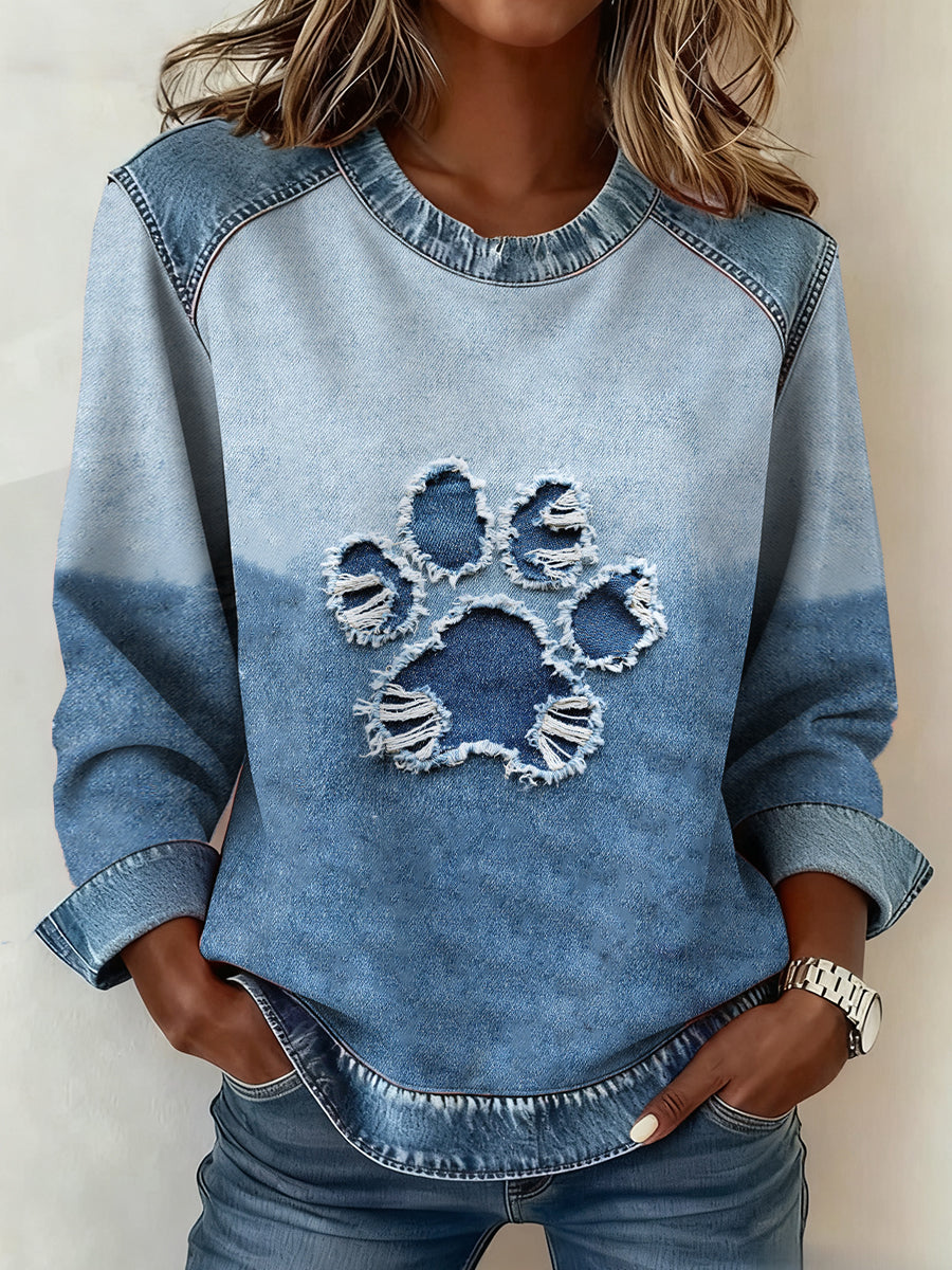 Pernille | Sweatshirt med denim patchwork og hundemotiv