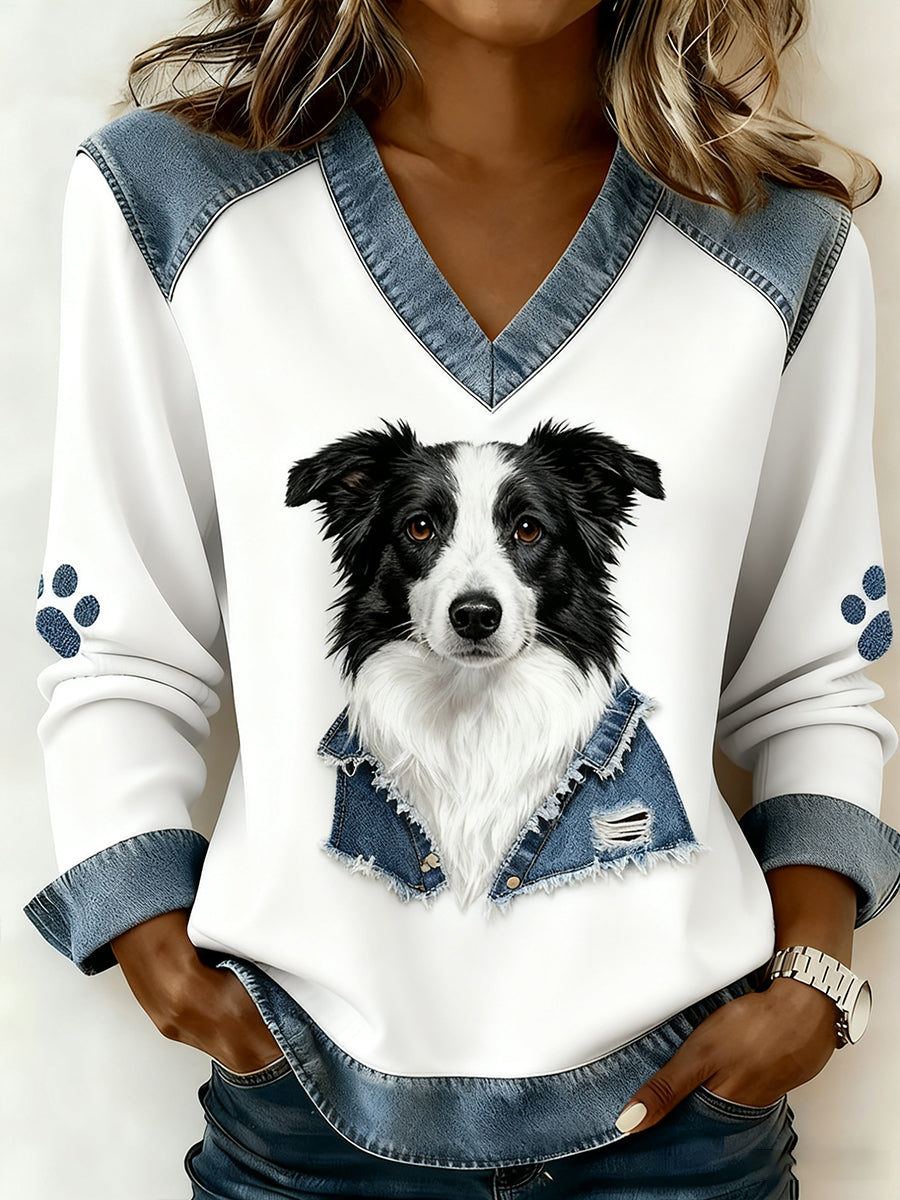 Sigrid Sofie | V-hals top med patchwork og dyreprint og kunstprint