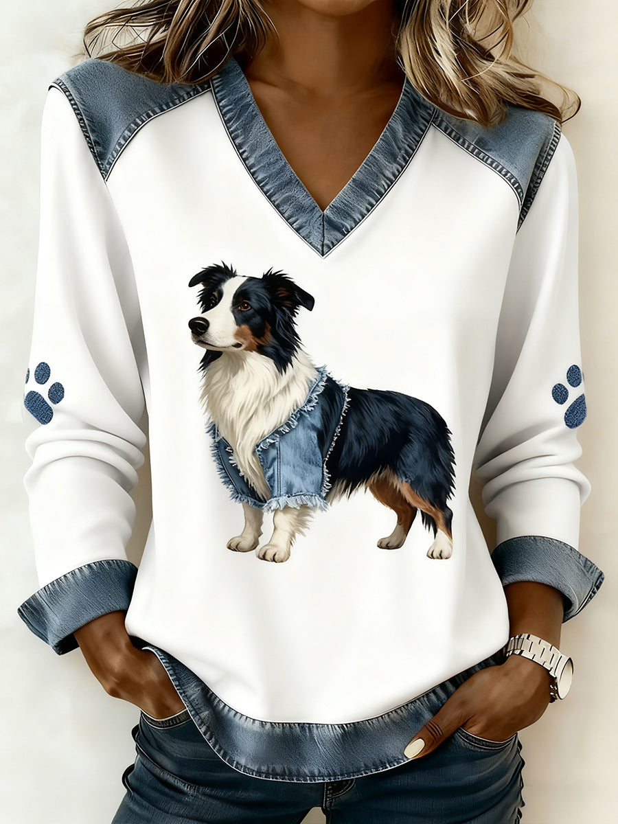 Mille Sofie | V-hals top med patchwork og dyreprint og kunstprint