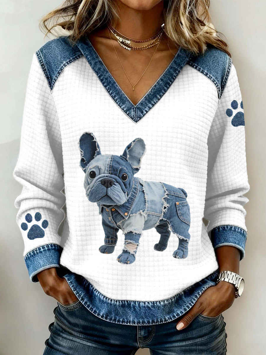 Felicia | Overdel med denim patchwork og fransk bulldogmotiv