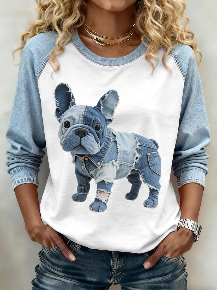 Frigg | Sweatshirt med denim patchwork og bulldogmotiv