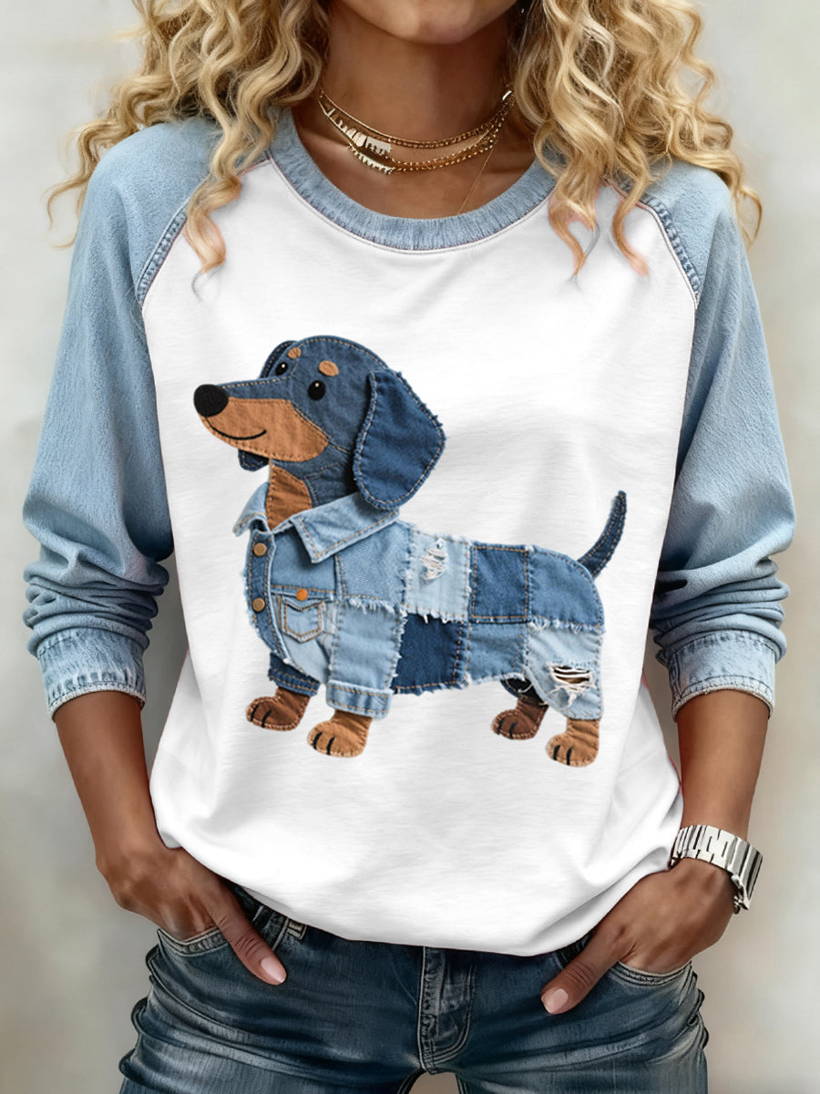 Olivia | Sweatshirt med denim patchwork og gravhundemotiv