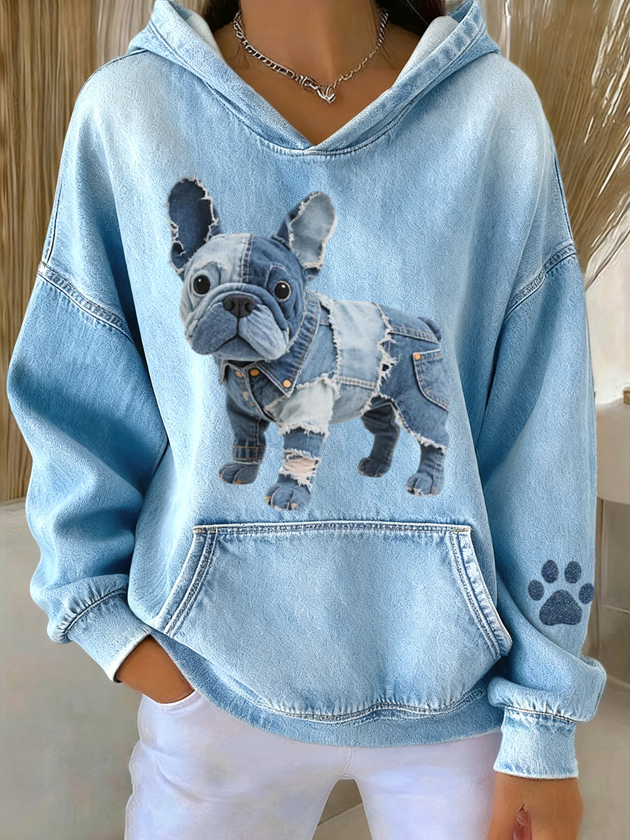 Ida | Hættetrøje med denim patchwork og bulldogmotiv