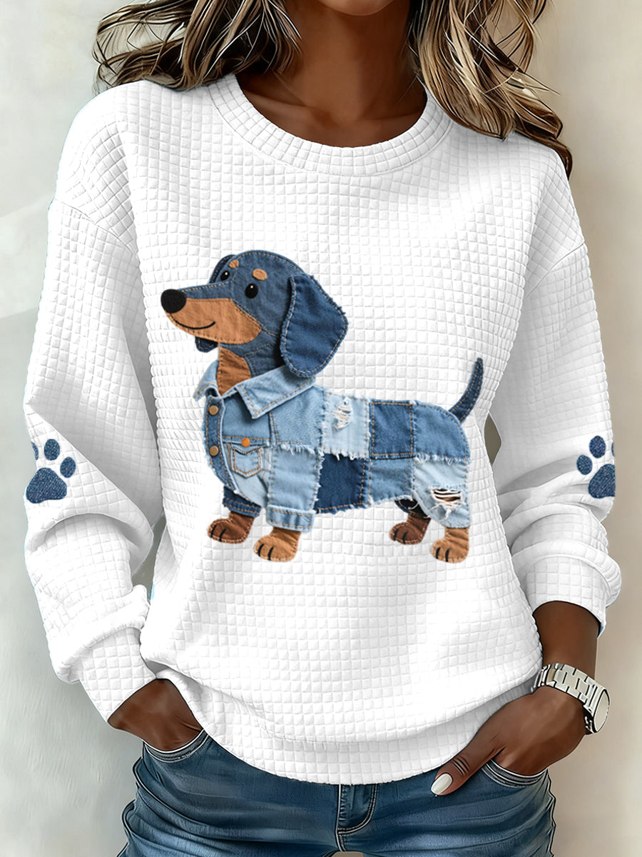 Isabella | Sweatshirt med denim patchwork og gravhundemotiv