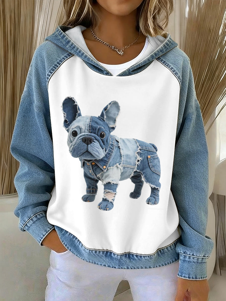 Pil | Hættetrøje med denim patchwork og bulldogmotiv