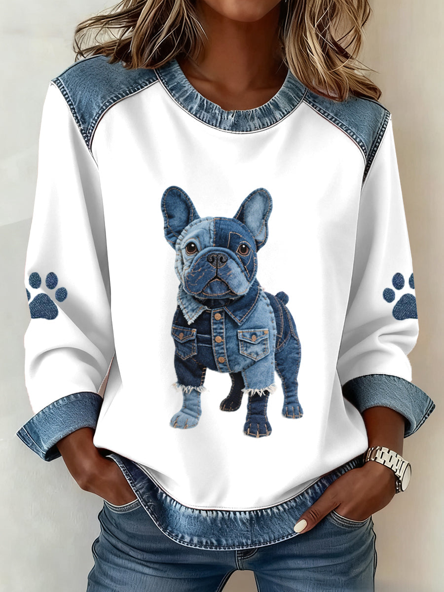 Katrine Marie | Sweatshirt med denim patchwork og bulldogmotiv