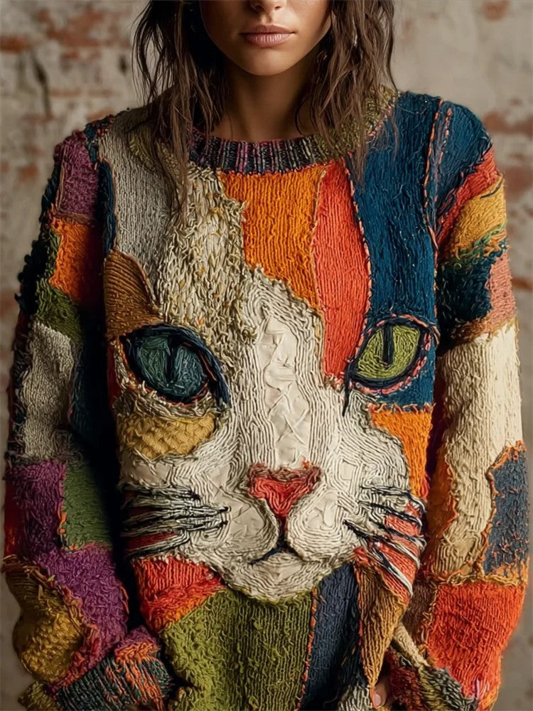 Astrid | Striktrøje med kattemotiv og kunstprint