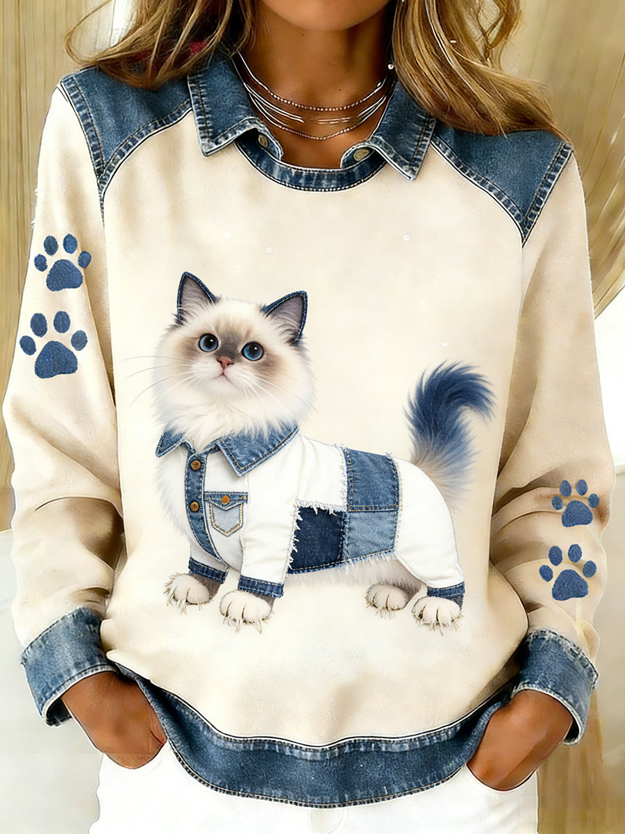 Selma Marie | Top med denim patchwork og dyreprint og kunstprint