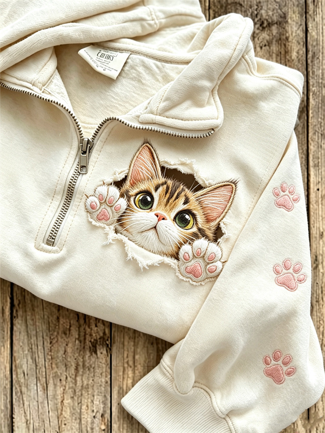 Amalie | Sweatshirt med lynlås med kat og print