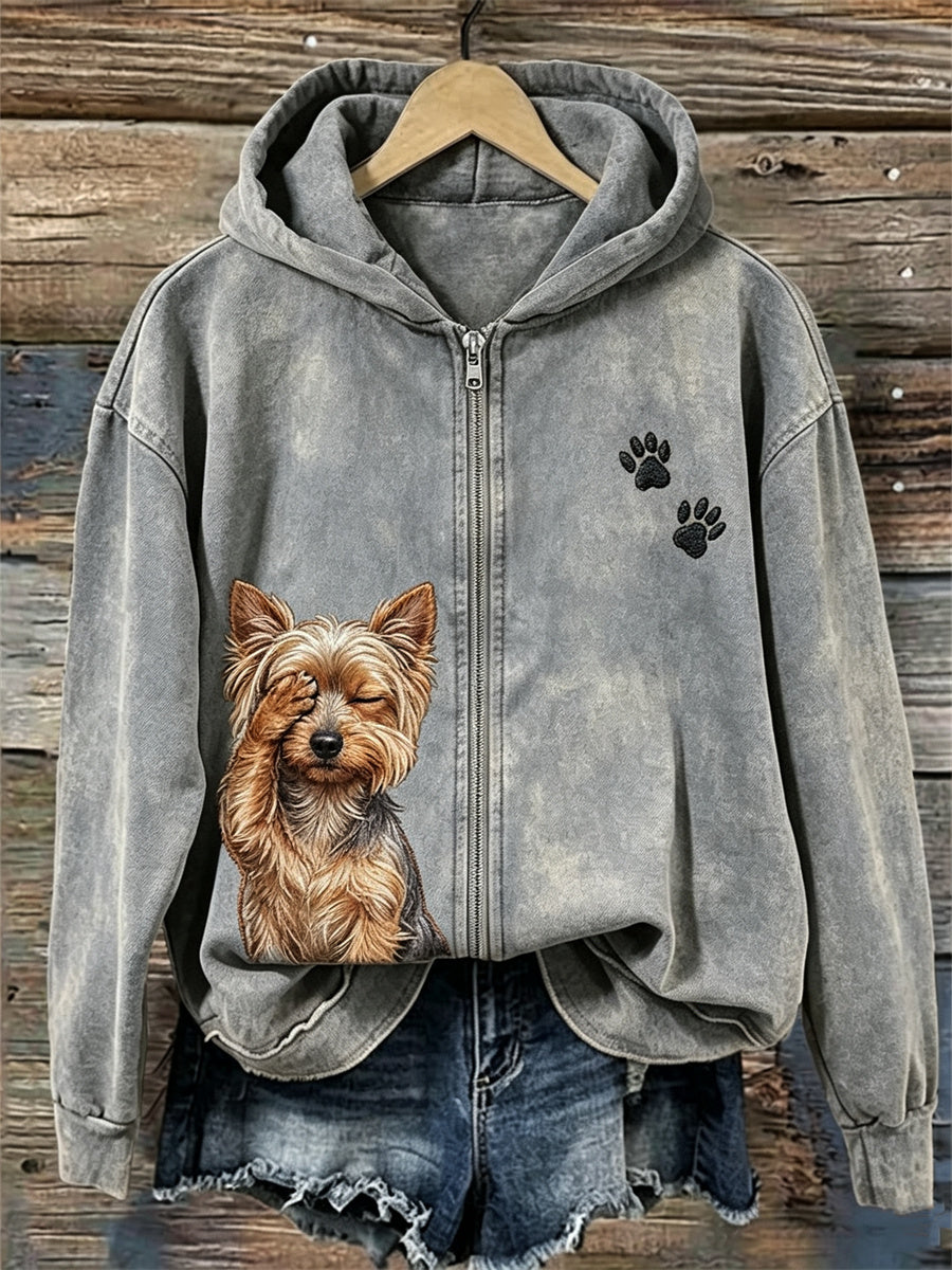 Marie | Hættetrøje med lynlås med yorkshire terrier og poteprint