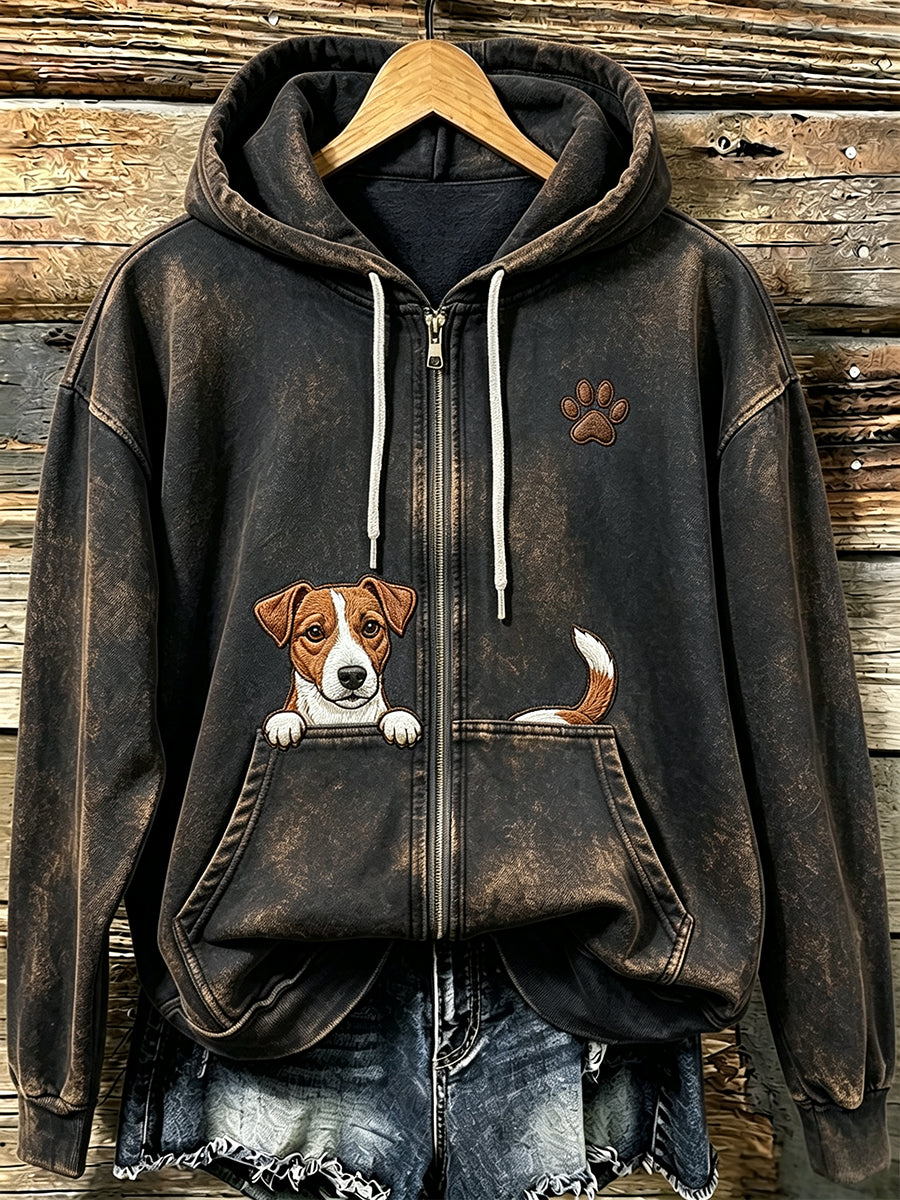 Vera | Hættetrøje med lynlås med jack russell terrier med poteprint og vintage-look