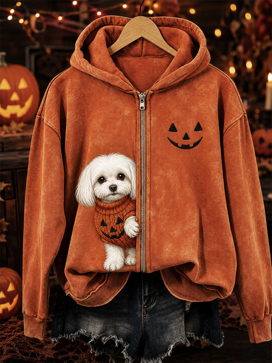 Saga | Hættetrøje med lynlås med malteserhund med print og halloweentema